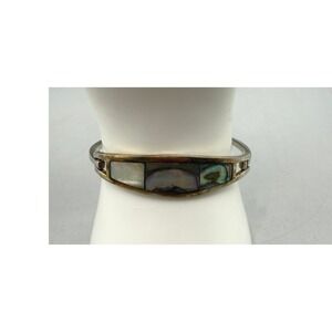 Vintage Silver Tone Abalone Shell Inlay Hinged Bangle Bracelet Iridescent